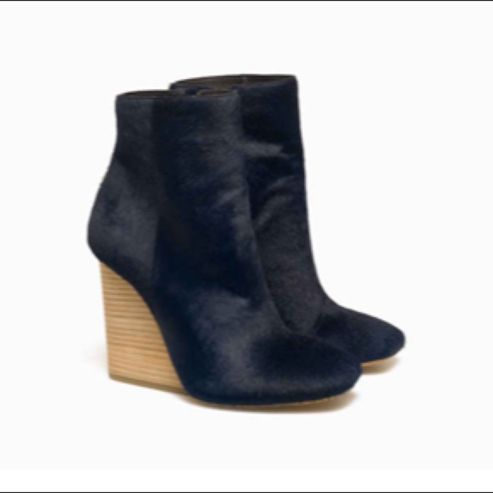Vic Matie Navy Blue Ankle Booties with Wood Wedge Heel